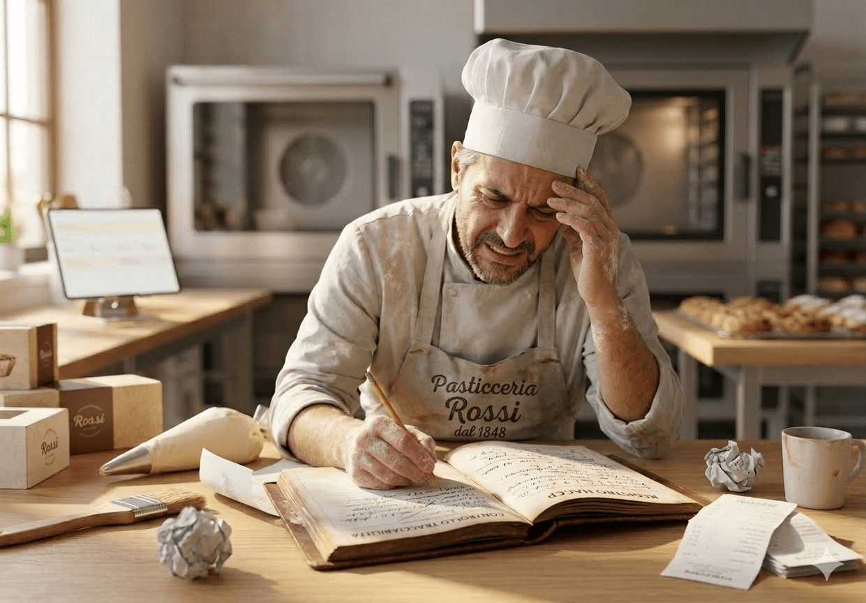 Pasticcere di fronte a registri e caos in laboratorio